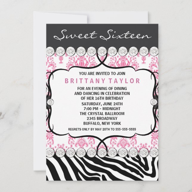 Pink Damask Zebra Sweet Sixteen Birthday Party Invitation (Front)