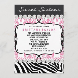 Pink Damask Zebra Sweet Sixteen Birthday Party Invitation