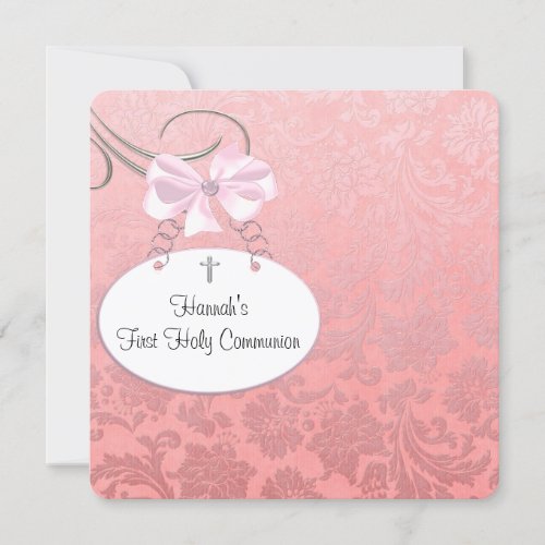 Pink Damaskt Cross Girls First Communion Invitation