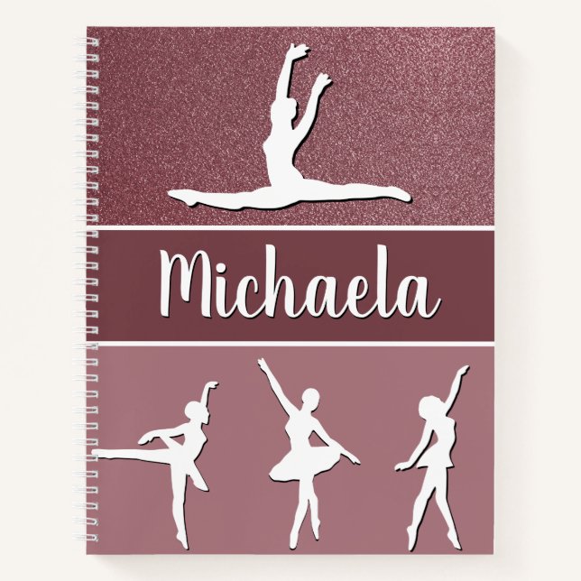 Pink Dance Ballerina Customizable Name Glitter Notebook (Front)