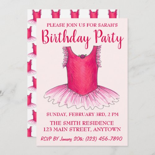 Pink Dance Ballerina Tutu Ballet Birthday Party Invitation