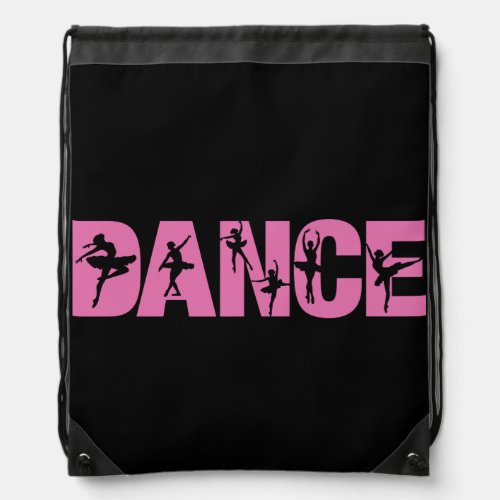 Pink DANCE with Ballerina Cutouts Drawstring Bag