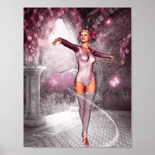Pink dancing ballerina and beautiful butterflies poster
