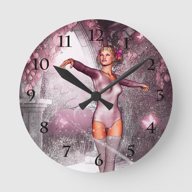 Pink dancing ballerina and beautiful butterflies round clock (Front)