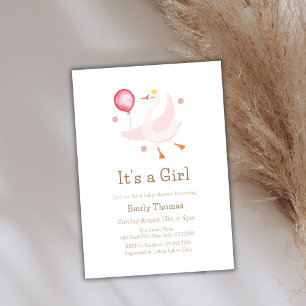 Pink Dancing Princess Swan Balloon Baby Shower Invitation