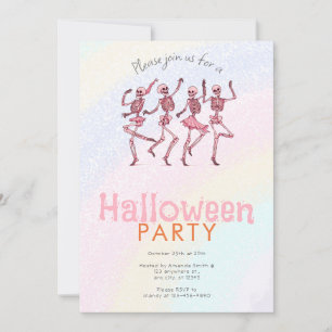 Pink Dancing Skeletons Rainbow Halloween Party Invitation