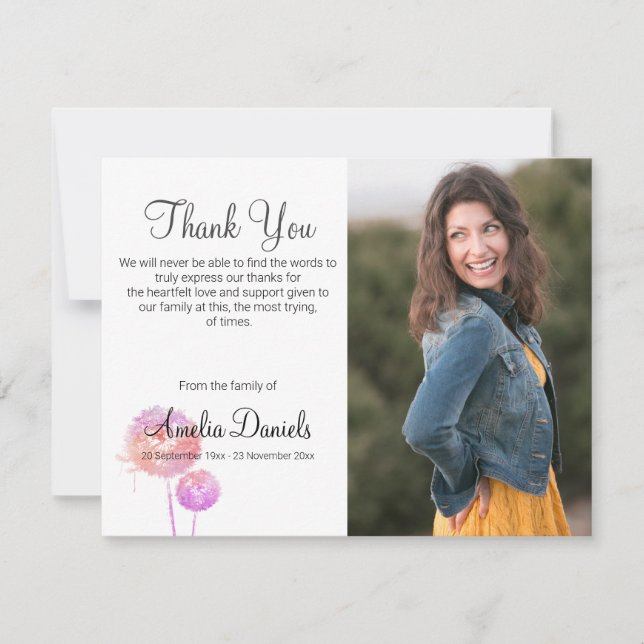 Pink Dandelion Clock Funeral Thank You Cards (Front)
