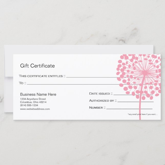 Pink Dandelion Flower Gift Certificate Design 4 (Front)