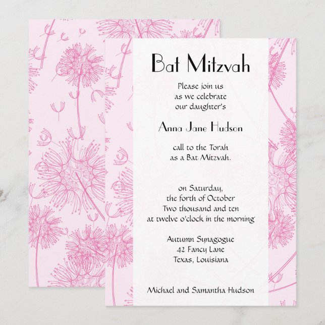 Pink Dandelion Flowers, Floral, Bat Mitzvah Invitation (Front/Back)