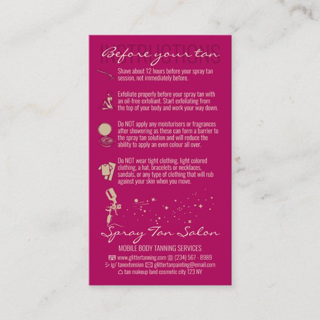 Pink Dark Before After Care Instruction Spray Tan Business Card