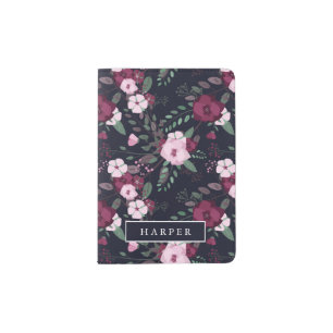 Pink & Dark Blue Rose Pattern - Custom Name Passport Holder