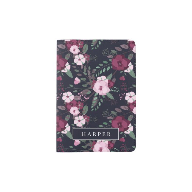 Pink & Dark Blue Rose Pattern - Custom Name Passport Holder (Front)