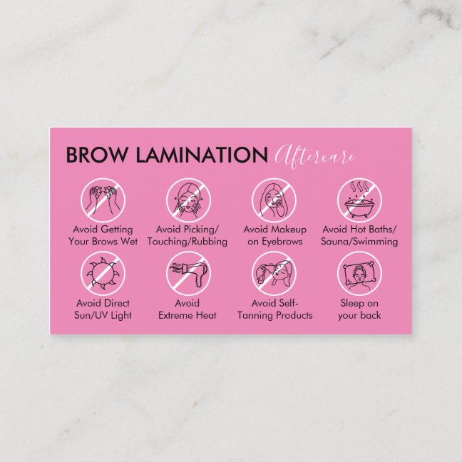Pink Dark Brow Lamination Aftercare Advice Business Card