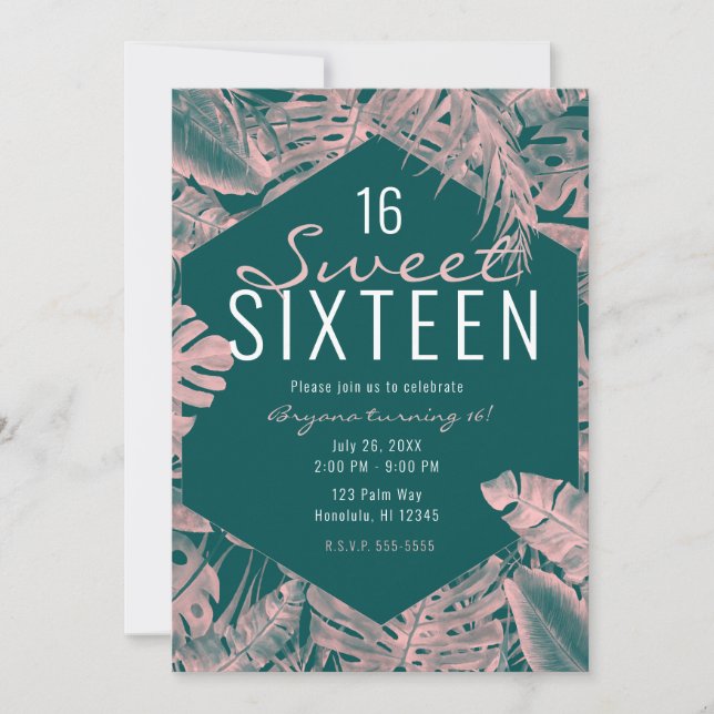 Pink & Dark Cyan Tropical Palm Leaves Sweet 16 Invitation (Front)
