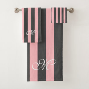 Pink Dark Gray Stripes Pattern Bath Towel Set