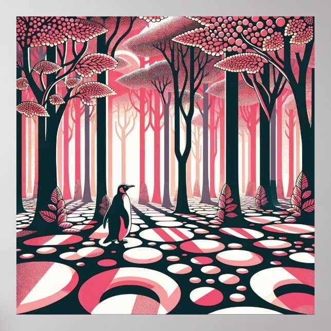 Pink Dark Penguin Geometric Nostalgia Forest Tree Poster (Front)
