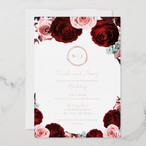 Pink  Dark Red Floral Glam Modern Wedding Photo   Foil Invitation