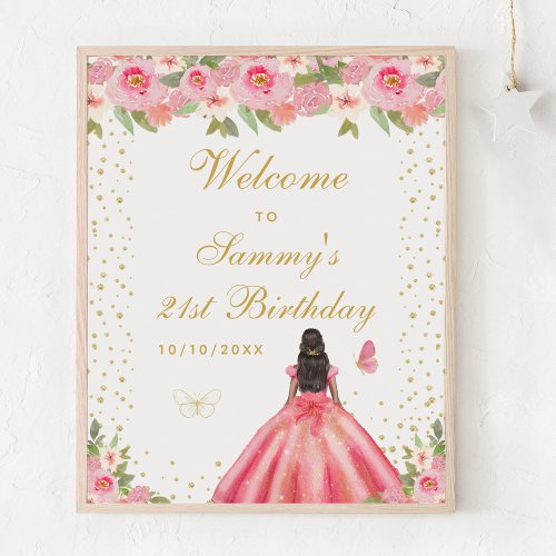 Pink Dark Skin Girl Birthday Party Welcome Poster