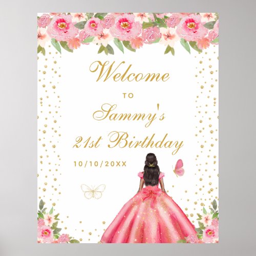 Pink Dark Skin Girl Birthday Party Welcome Poster