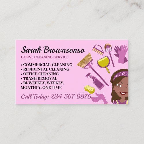 Pink Dark Skin Janitorial Lady House Cleaning Business Card