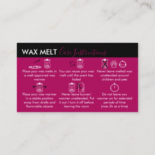 Pink Dark Wax Melt Care Instructions Business Card