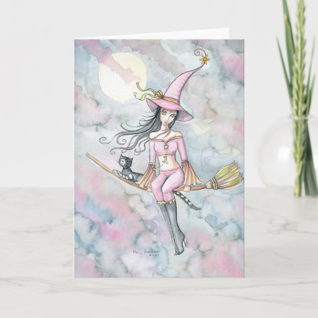 Pink Dawn Halloween Witch and Cat Card (Front)