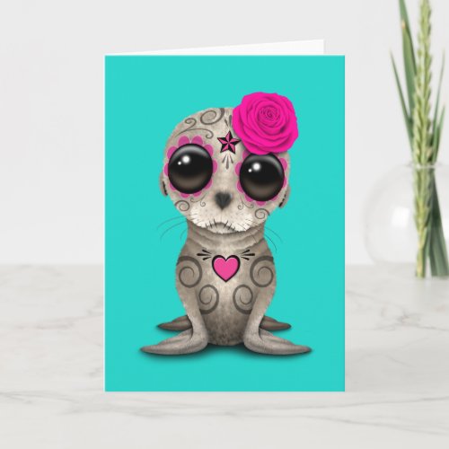 Pink Day of the Dead Baby Sea Lion Card