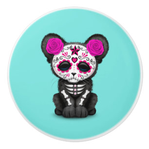 Pink Day of the Dead Black Panther Cub Ceramic Knob