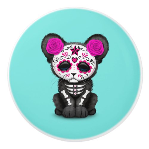 Pink Day of the Dead Black Panther Cub Ceramic Knob