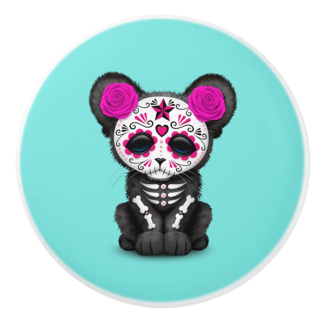 Pink Day of the Dead Black Panther Cub Ceramic Knob (Front)