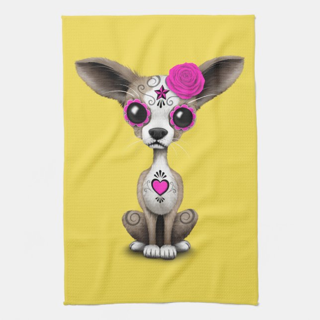 Pink Day of the Dead Chihuahua Kitchen Towel (Vertical)