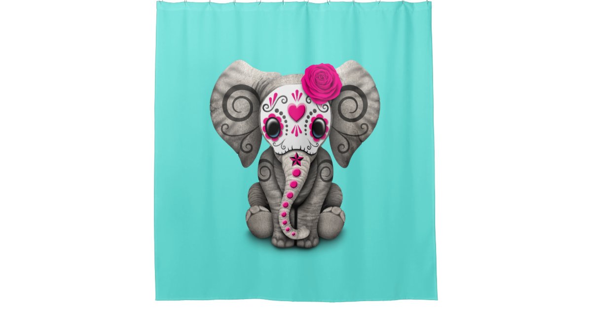 Pink Day Of The Dead Elephant Shower, Pink Elephant Shower Curtain