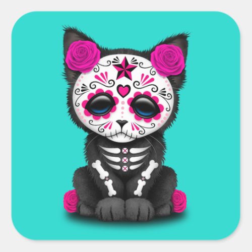 Pink Day of the Dead Kitten Square Sticker