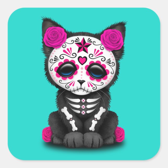 Pink Day of the Dead Kitten Square Sticker (Front)