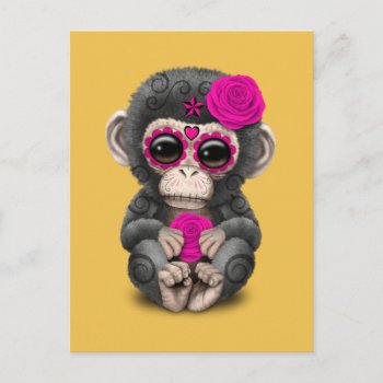 Pink Day Of The Dead Sugar Skull Baby Chimp Postcard by crazycreatures at Zazzle