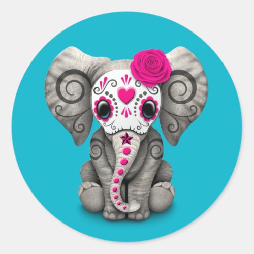 Pink Day of the Dead Sugar Skull Baby Elephant Classic Round Sticker