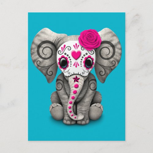 Pink Day of the Dead Sugar Skull Baby Elephant Postcard