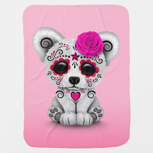 Pink Day of the Dead Sugar Skull Bear Baby Blanket (Front)