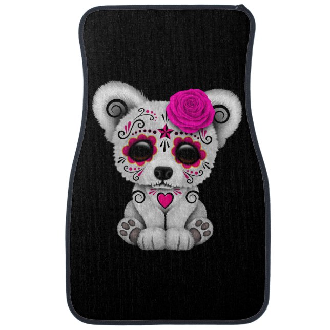 Pink Day of the Dead Sugar Skull Bear Black Car Mat (Front)
