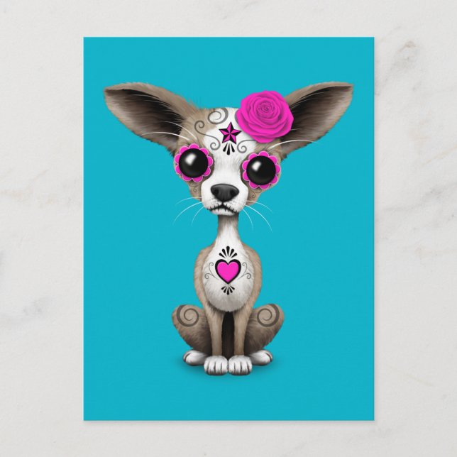 Pink Day of the Dead Sugar Skull Chihuahua Puppy Postcard (Front)