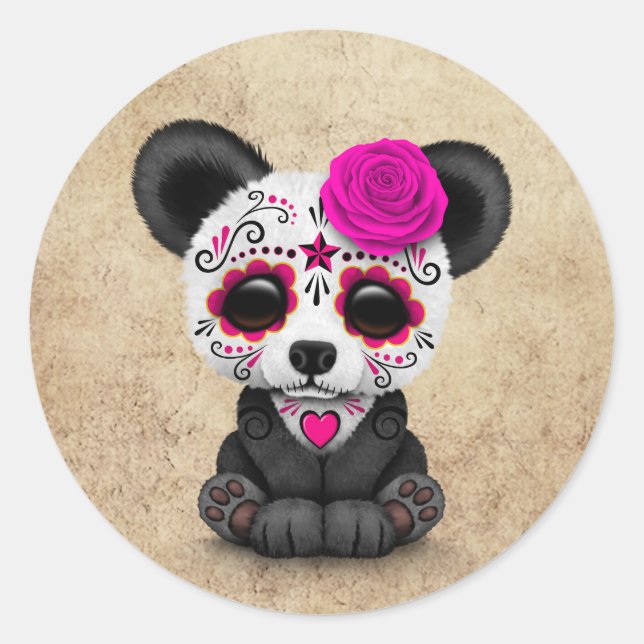 Pink Day of the Dead Sugar Skull Panda Aged Classic Round Sticker (Front)