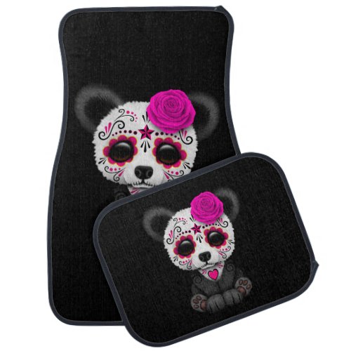 Pink Day of the Dead Sugar Skull Panda on Black Car Floor Mat