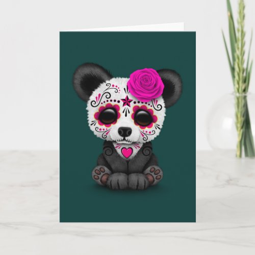 Pink Day of the Dead Sugar Skull Panda on Teal Card