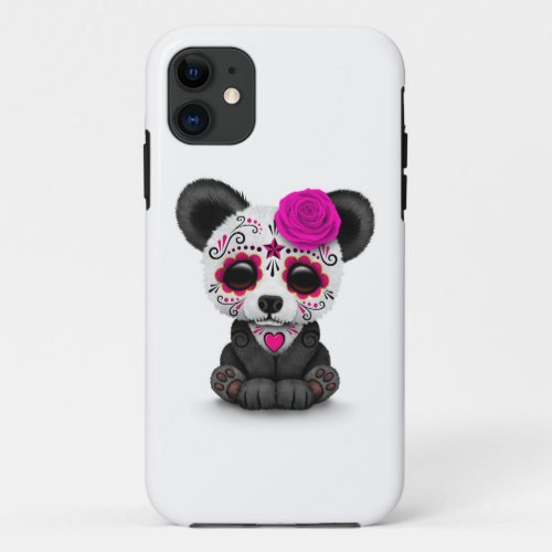 Pink Day of the Dead Sugar Skull Panda on White iPhone 11 Case