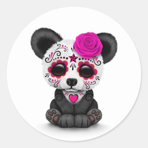 Pink Day of the Dead Sugar Skull Panda on White Classic Round Sticker