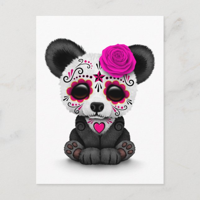 Pink Day of the Dead Sugar Skull Panda on White Postcard (Front)