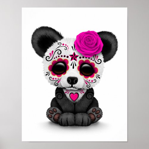 Pink Day of the Dead Sugar Skull Panda on White Poster