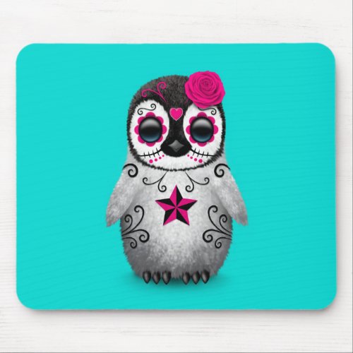Pink Day of the Dead Sugar Skull Penguin Blue Mouse Pad