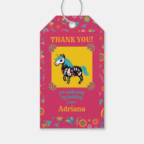 Pink  Day of the Dead Unicorn Birthday Party Gift Tags