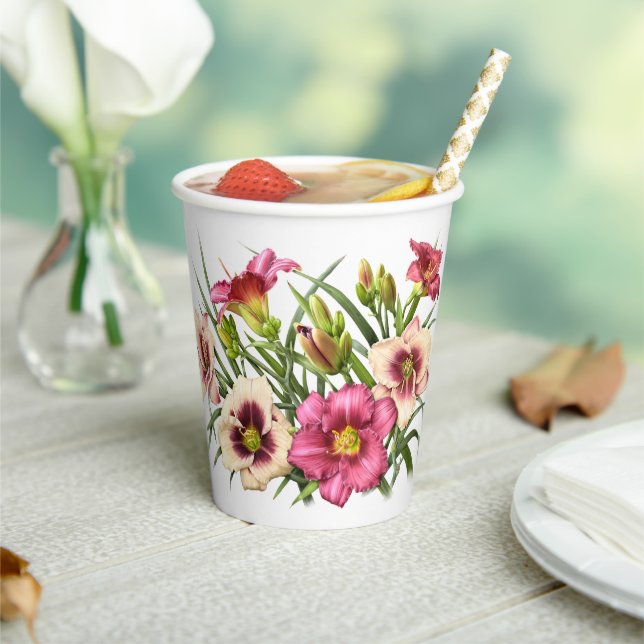 Pink Daylilies Floral Botanical Art Paper Cups (Insitu)